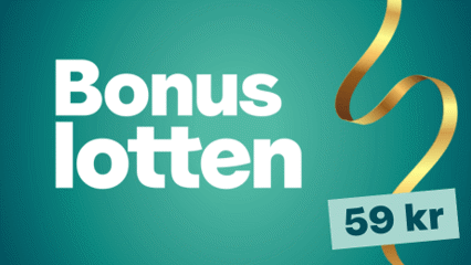 Grön bakgrund med texten 'Bonuslotten 59 kr' och guldfärgat band.