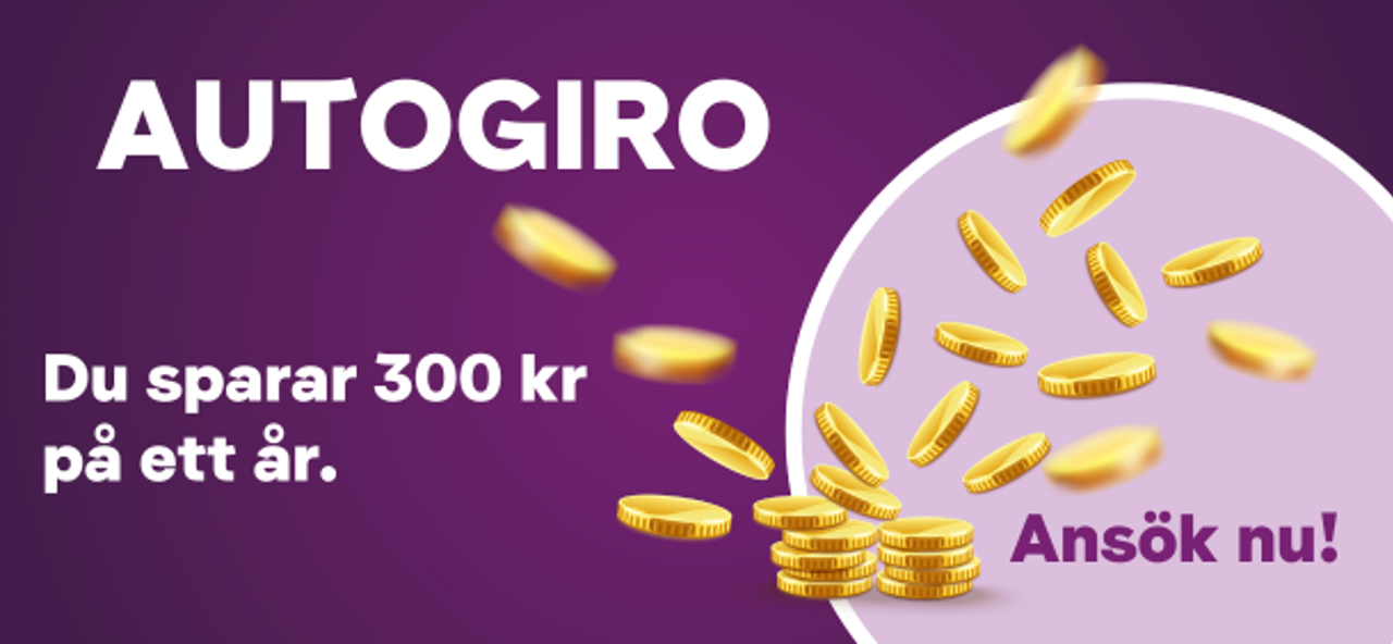 Autogiro – vinster sätts in på konto, med gulmynt och texten 'Ansök nu!
