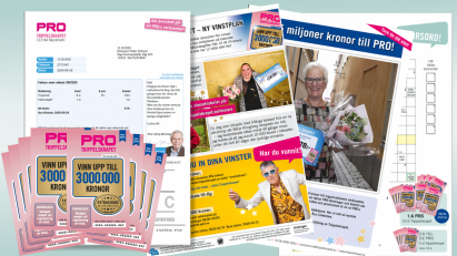 PRO Trippelskrapet med lotter, faktura, vinnarinformation och korsord.