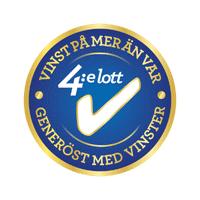 Blå rund symbol med texten 'Vinst på mer än var 4:e lott – Generöst med vinster' och en vit check-symbol i mitten.