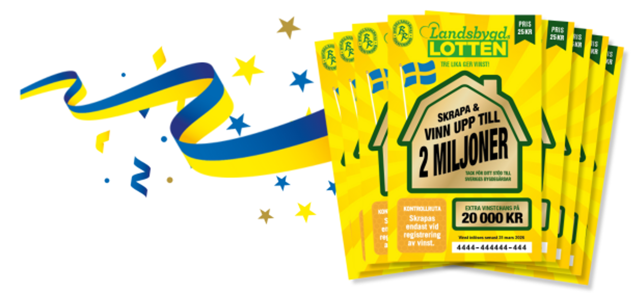 Landsbygdslotten med banderoll och vinstchans på 2 miljoner.