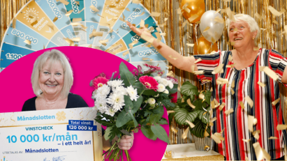 Glada vinnare i Månads­lotten firar med konfetti, blommor och vinstcheck på 10 000 kr per månad.