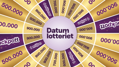 Snurrhjul från Datumlotteriet med olika vinstbelopp, inklusive jackpott och upp till fyra miljoner kronor.