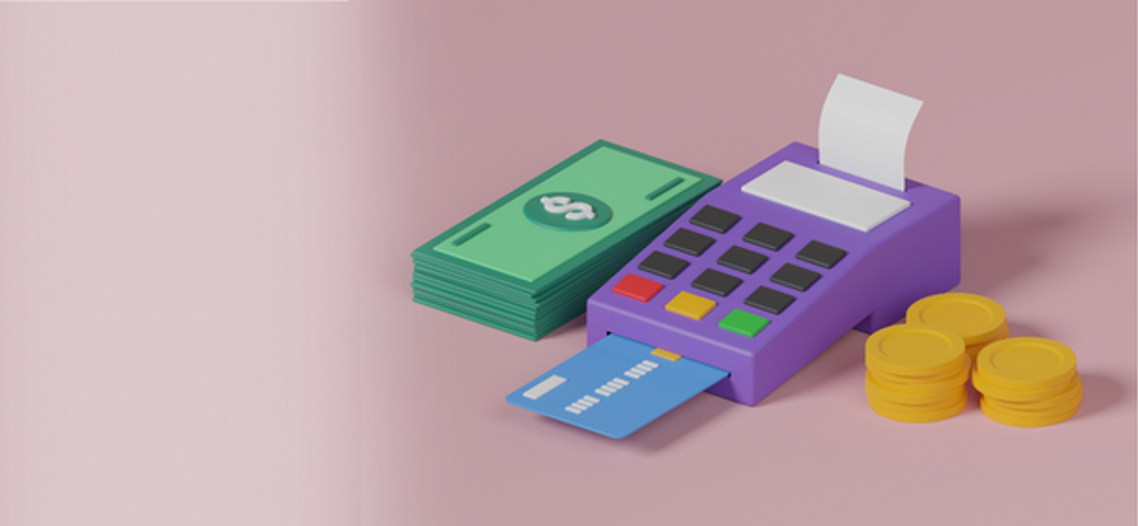 Kortterminal med ett insatt kort och kontanter