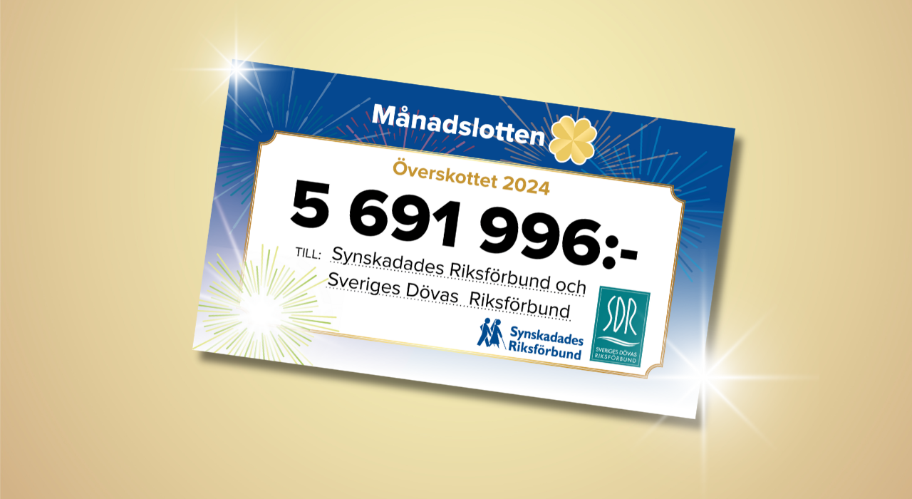 Månadslottens överskott 2024 på 5 691 996 kronor till Synskadades och Dövas Riksförbund.