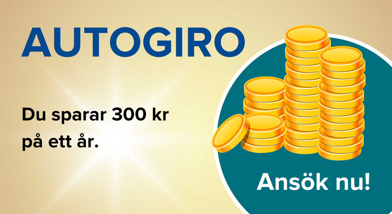 Autogiro – vinster sätts in på konto, med myntgrafik och texten 'Ansök nu!'