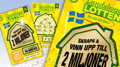 Tre Landsbygdslotten med texten "Skrapa & vinn upp till 2 miljoner",