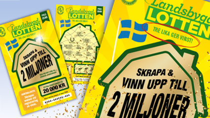 Tre Landsbygdslotten med texten "Skrapa & vinn upp till 2 miljoner",