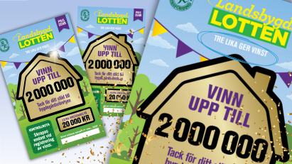 Tre Landsbygdslotten med texten "Skrapa & vinn upp till 2 miljoner",