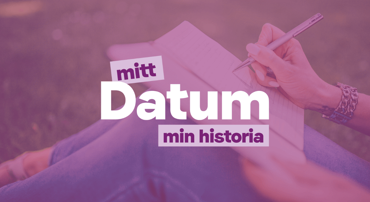 Mitt datum – min historia' över bild av person som skriver i anteckningsbok.