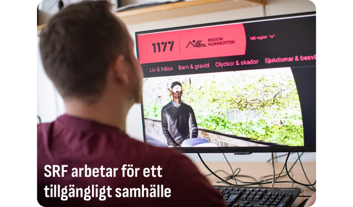 Person vid dator, på skärmen en blind man med käpp.
