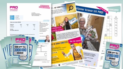 PRO Trippelskrapet med lotter, faktura, vinnarinformation och korsord.