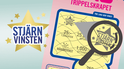 Stjärnvinsten i PRO Trippelskrapet med förstoringsglas över skrapruta.