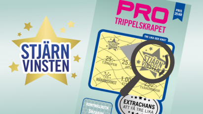 Stjärnvinsten i PRO Trippelskrapet med förstoringsglas över skrapruta.