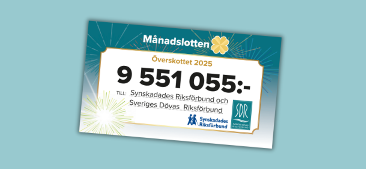 Överskottscheck med belopp 9 551 955 kronor.