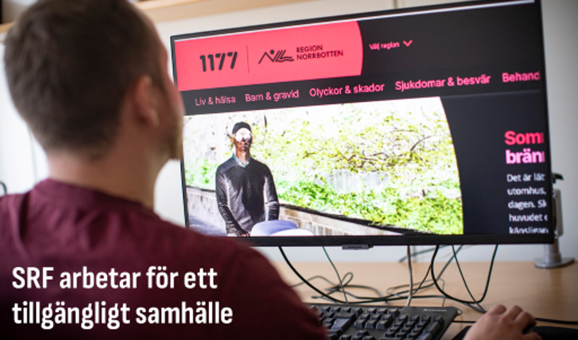Person vid dator, på skärmen en blind man med käpp.