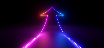 Neonfärgad pil som lyser i rosa och blått och pekar uppåt.