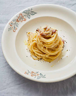 Bild på en tallrik med Spagetti Carbonara