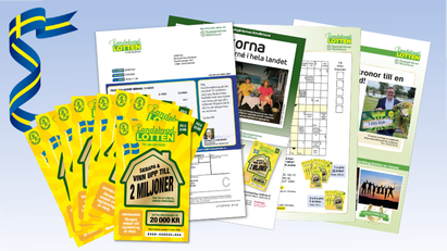 Landsbygdslotten-utskick med skraplotter, faktura, korsord och informationsblad.