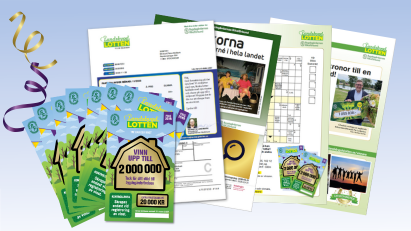 Landsbygdslotten-utskick med skraplotter, faktura, korsord och informationsblad.
