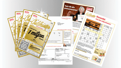Guldkanten-skraplotter tillsammans med korsord, informationsblad och inbetalningskort från SKPF Pensionärerna.