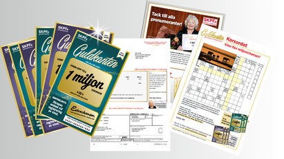 Guldkanten-skraplotter tillsammans med korsord, informationsblad och inbetalningskort från SKPF Pensionärerna.