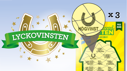 Lyckovinsten i Landsbygdslotten med guldigt hästsko-symbol och texten "Högvinst". Förstoringsglas visar tre matchande symboler som ger vinst.