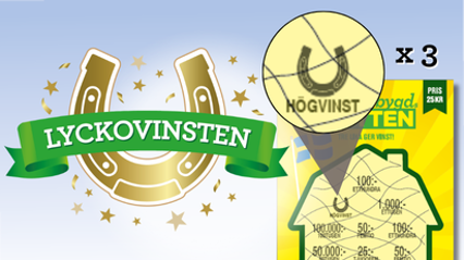 Guldigt hästsko-symbol med texten "Lyckovinsten – högvinstsymbol x 3 ger vinst".