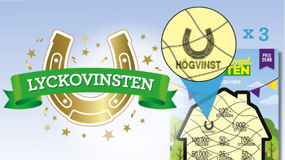Lyckovinsten i Landsbygdslotten med guldigt hästsko-symbol och texten "Högvinst". Förstoringsglas visar tre matchande symboler som ger vinst.