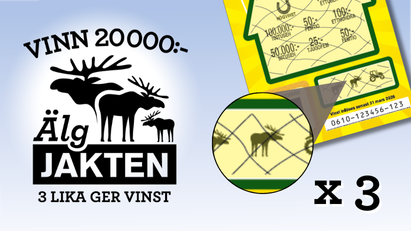 Symbol med tre älgar och texten "Älgjakten – vinn 20 000 kr, 3 lika ger vinst".