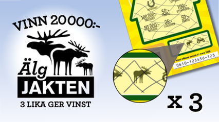 Symbol med tre älgar och texten "Älgjakten – vinn 20 000 kr, 3 lika ger vinst".
