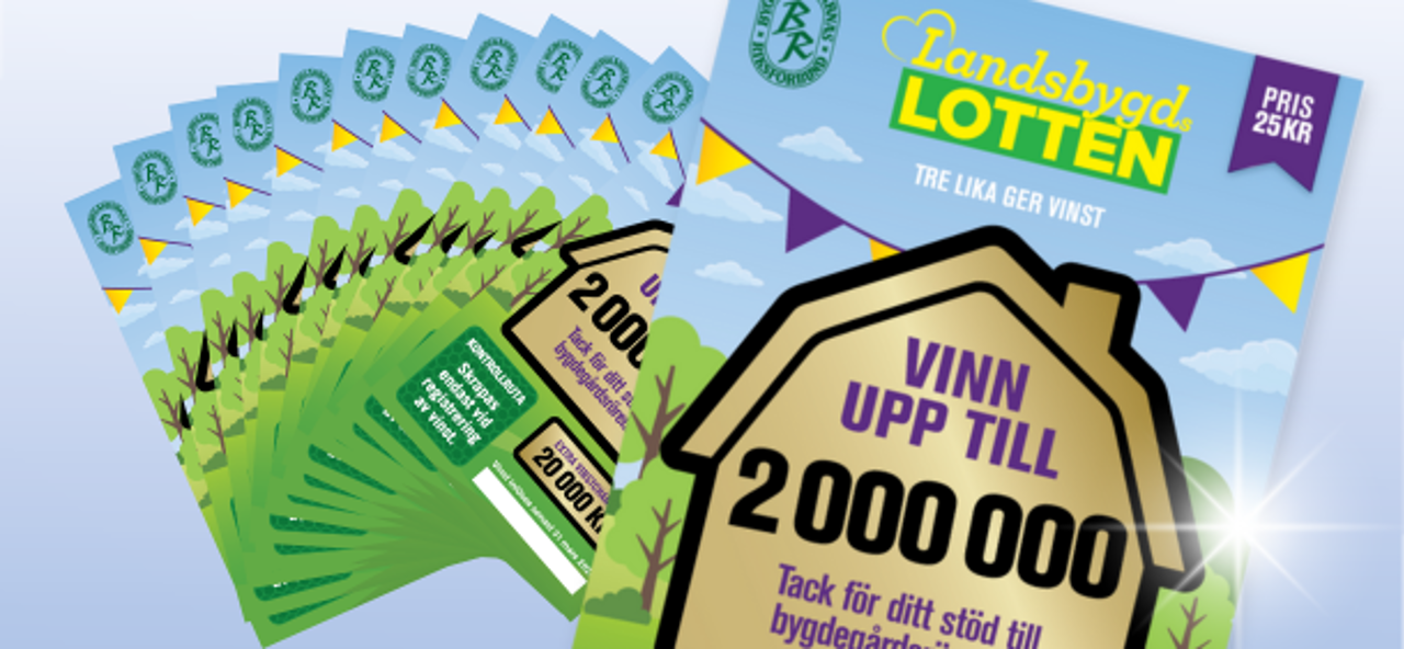 Landsbygdslotten med texten "Skrapa & vinn upp till 2 miljoner", svenska flaggan och priset 25 kr, samt extra vinstchans på 20 000 kr.