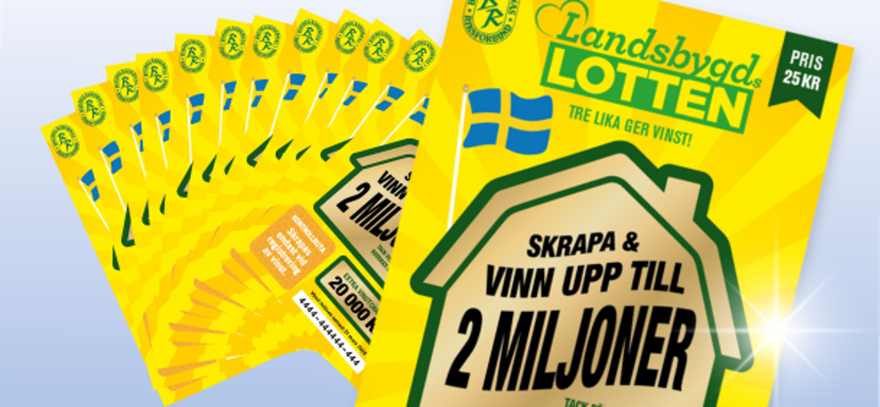 Landsbygdslotten med texten "Skrapa & vinn upp till 2 miljoner", svenska flaggan och priset 25 kr, samt extra vinstchans på 20 000 kr.