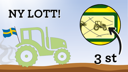 Illustration av en grön traktor med svensk flagga. Tre traktor-symboler ger en ny lott.