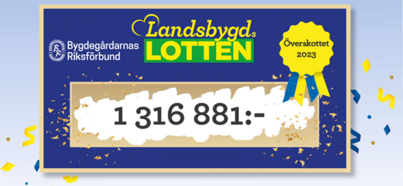 En check från Landsbygdslotten där det står att överskottet för 2023 till Bygdegårdarnas Riksförbund är 1 316 881 kronor.