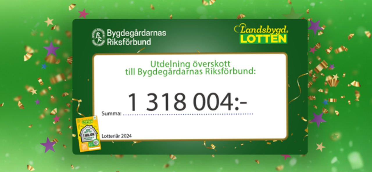 En check från Landsbygdslotten där det står att överskottet för 2023 till Bygdegårdarnas Riksförbund är 1 316 881 kronor.