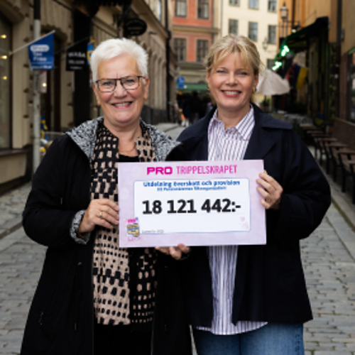 PRO:s ordförande Åsa Lindestam och generalsekreterare Christine Cars-Ingels tar emot överskottet för 2025