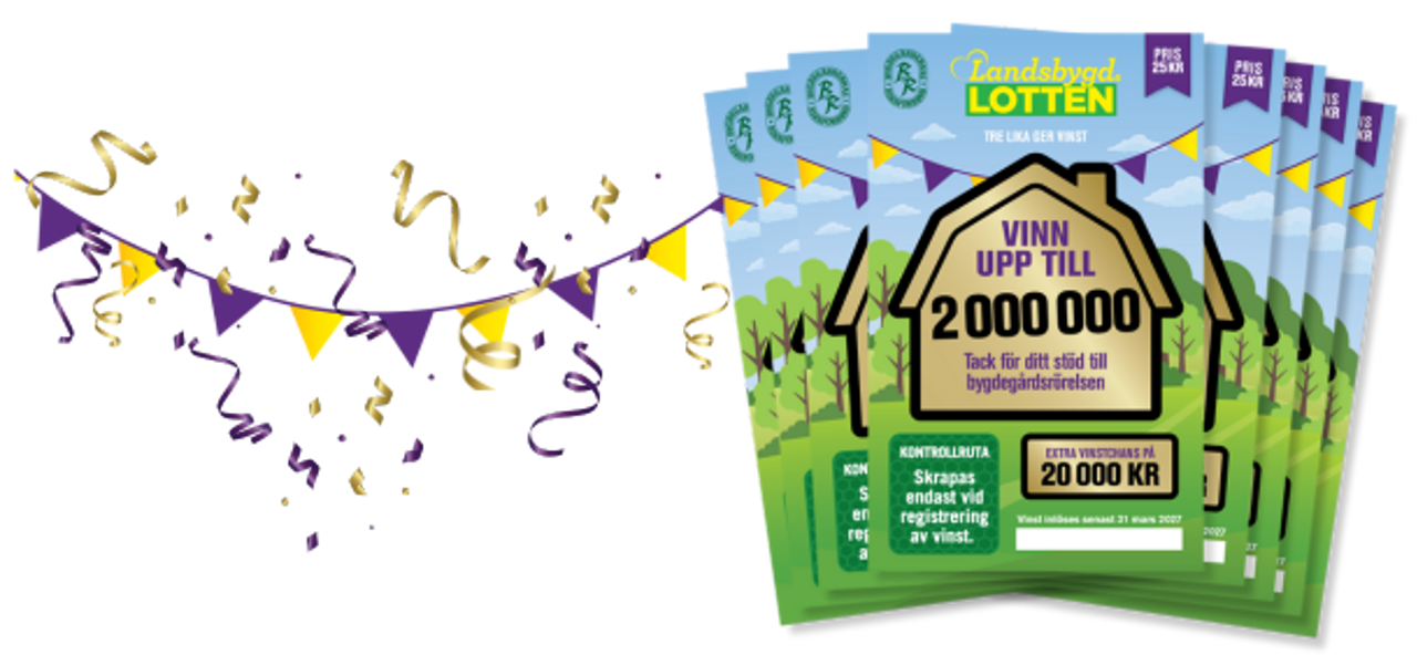 Landsbygdslotten med banderoll och vinstchans på 2 miljoner.