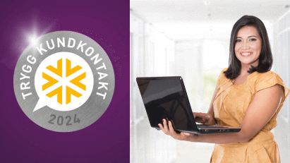 Trygg kundkontakt 2024' bredvid en leende kvinna med laptop.