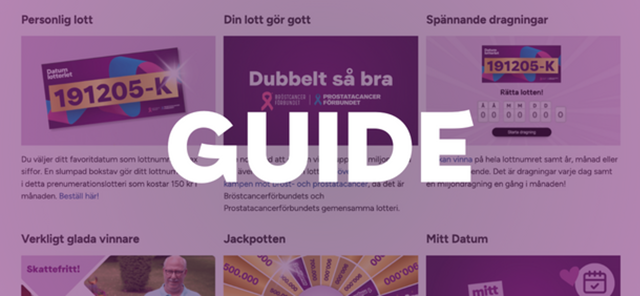Översikt av Datumlotteriet med texten 'GUIDE' i vitt över flera informationsrutor.