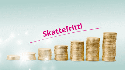 Växande staplar med mynt och texten 'Skattefritt.