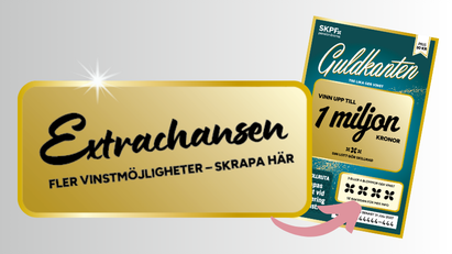 Guldfärgad ruta med texten 'Extrachansen – fler vinstmöjligheter', bredvid en Guldkanten-skraplott.