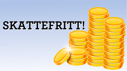 Texten "Skattefritt!" bredvid staplar av glänsande guldmynt mot blå bakgrund.